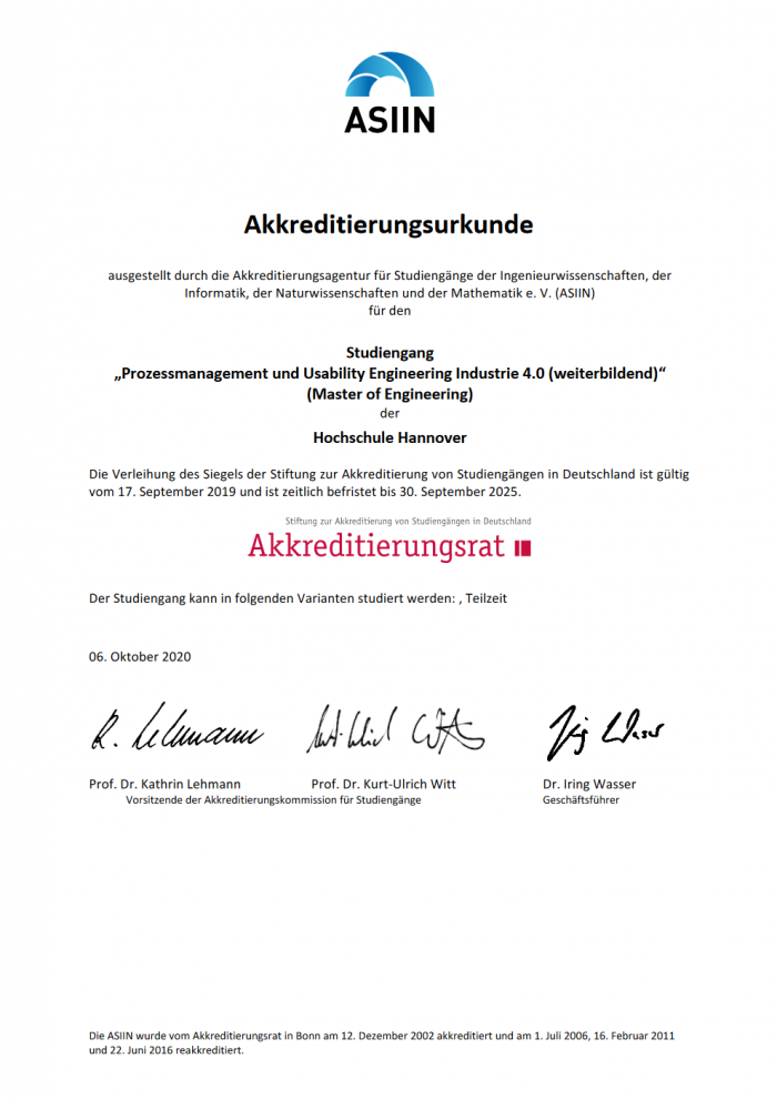 Akkreditierung "Prozessmanagement und Usability Engineering Industrie 4.0"